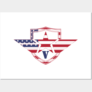 Letter V American Flag Monogram Initial Posters and Art